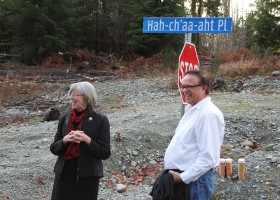 The unveiling of street sign. Name comes from one of the amalgamated tribes of current day Tseshaht