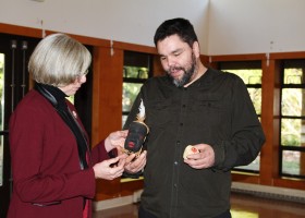 Hupacasath Chief Councillor Steven Tatoosh presents gifts to BC's Lieutenant Governor Judith Guichon